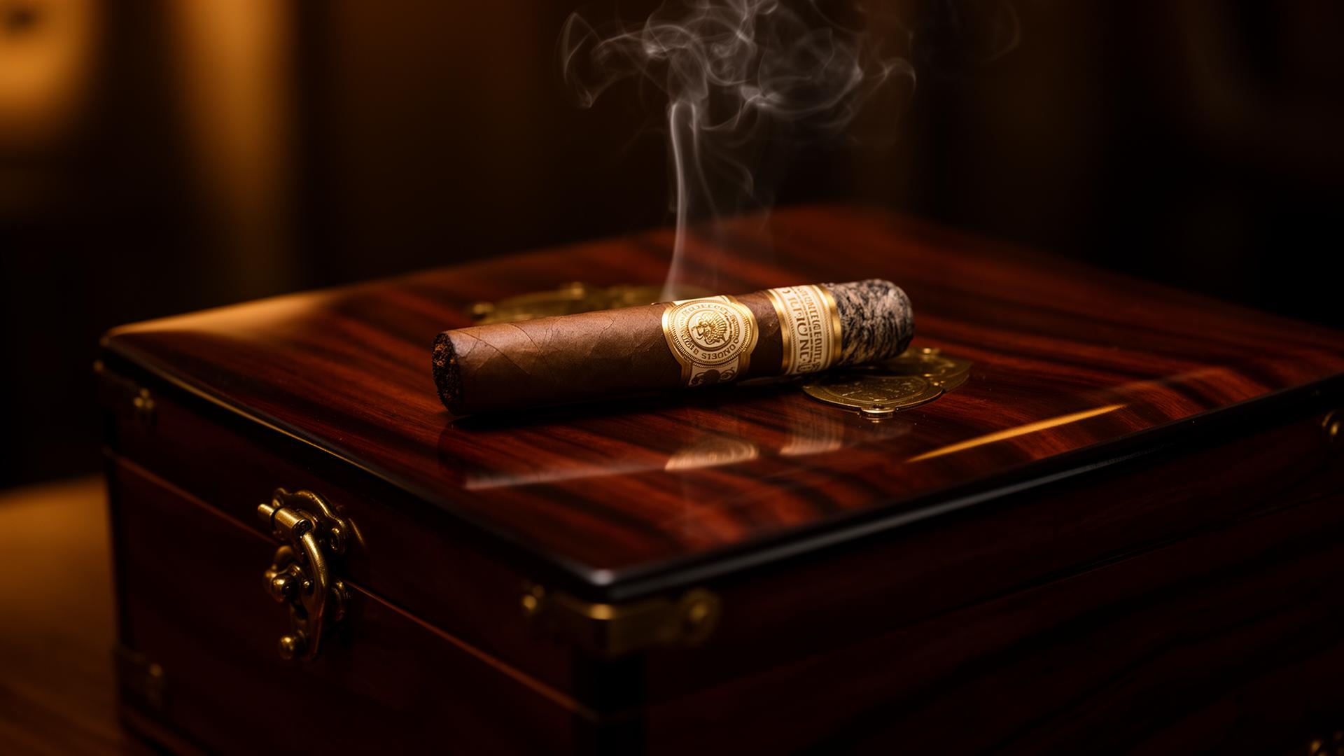 A premium cigar resting on a mahogany humidor, smoke curling upward in warm amber light.